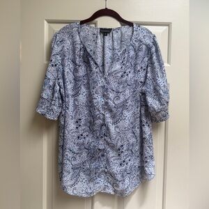 Stitch Fix Fortune & Ivy Blue and White Paisley Puffed Sleeve Blouse Boho Size L
